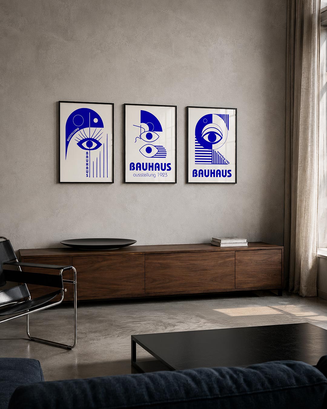 Oog en lijnen posterset – tweede productweergave – een blauw-witte compositie met een centraal oog, omgeven door strakke