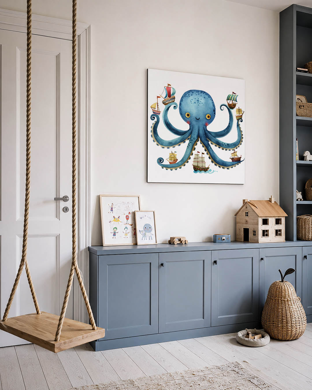 Vrolijke octopus illustratie kunstwerk – vierkante wanddecoratie – een speelse octopus met een glimlach, omringd door