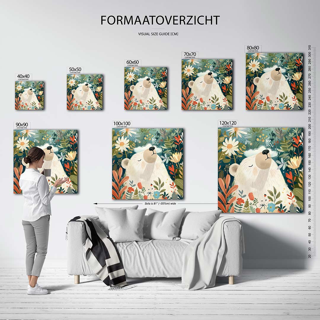 Dromerige beer in bloemen kunstwerk – sfeerbeeld – een serene beer omringd door kleurrijke bloemen en bladeren. De compositie
