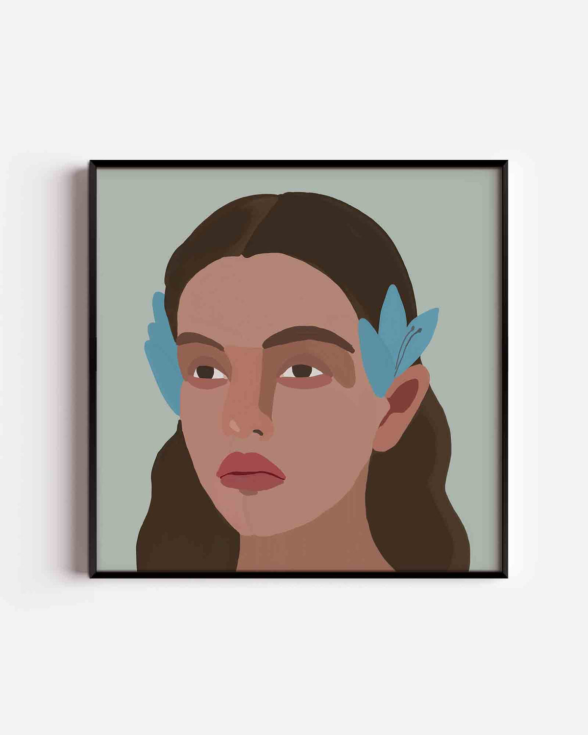 Portret met blauwe accenten – kleurrijke illustratie poster als wanddecoratie