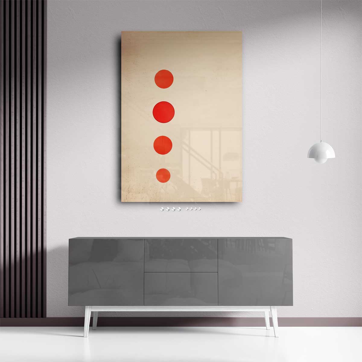 Minimalistisch Rood Cirkelkunstwerk – kunstwerk met zwarte baklijst