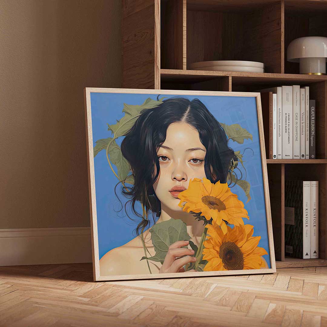 Vrouw met zonnebloemen – geïllustreerde wandkunst als vierkante poster