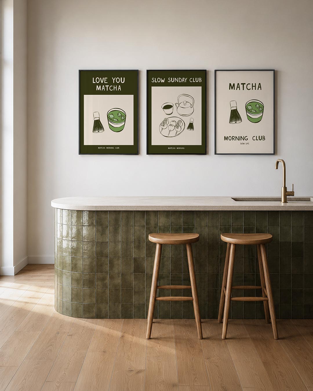 Matcha illustratie posterset – tweede productweergave – een speelse compositie met een matcha kom en klopper