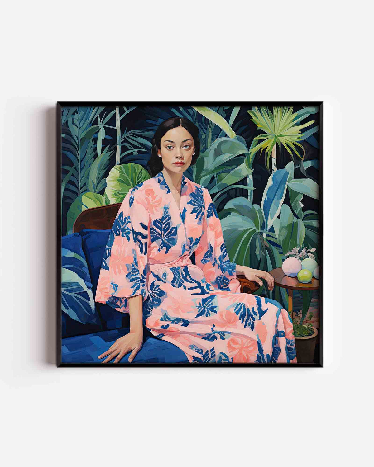 Vrouw in roze kimono – kleurrijke illustratie poster als wanddecoratie