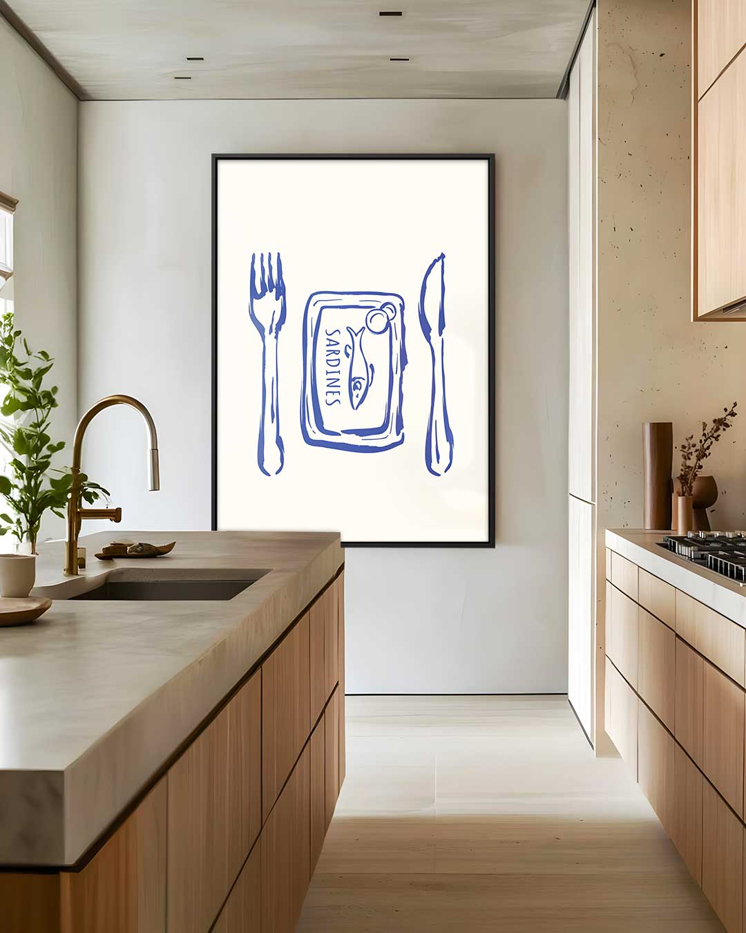 Sardines op Tafel - Grafische Print – staand kunstwerk voor modern interieur