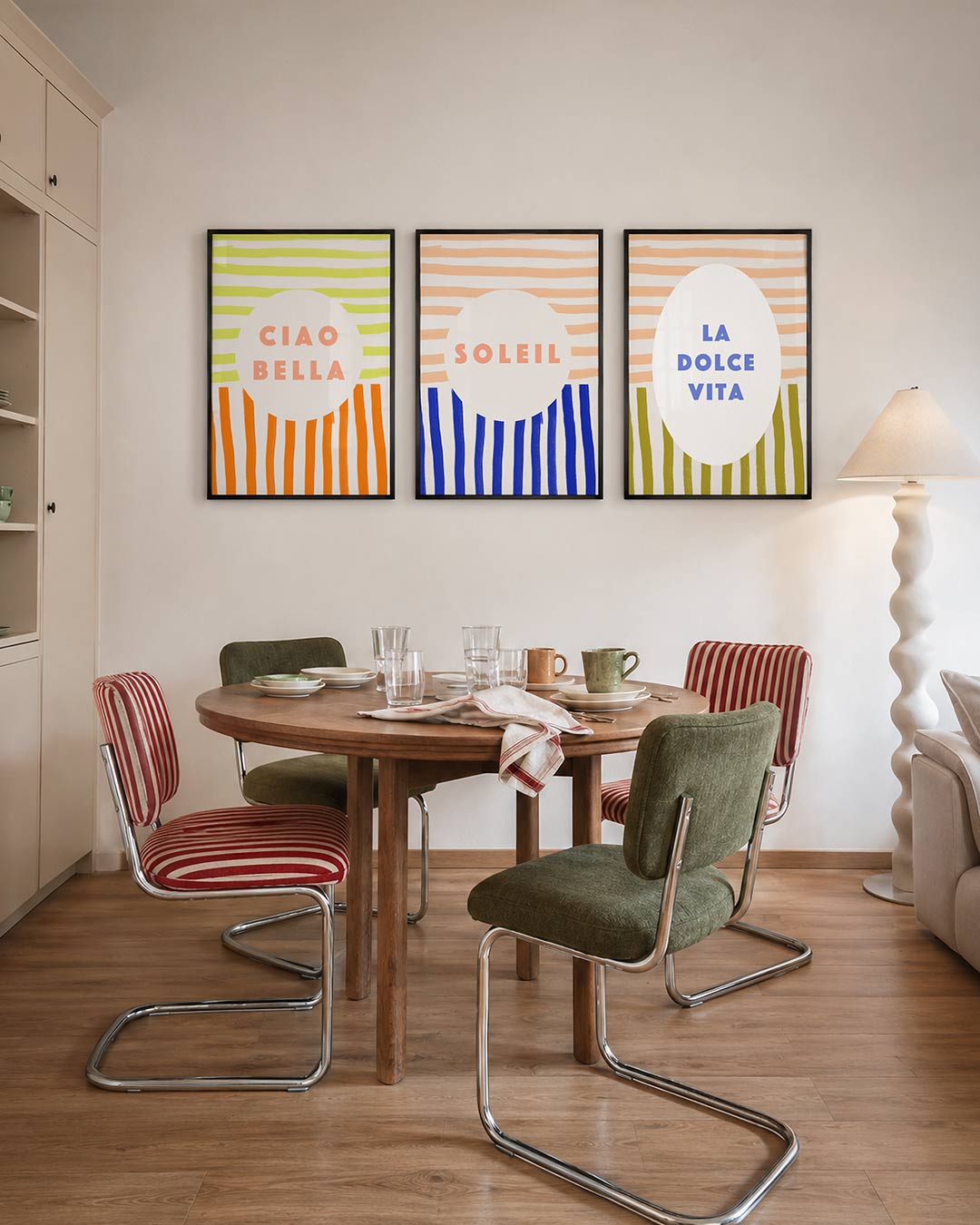 Strepen en cirkel driedelige posterset – deze poster toont een speels lijnenspel van horizontale