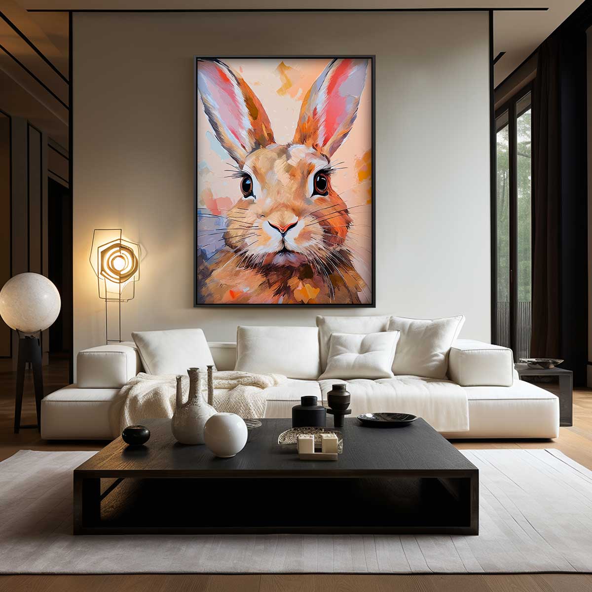 Vrolijke Konijn Portret – kunstwerk met zwarte baklijst