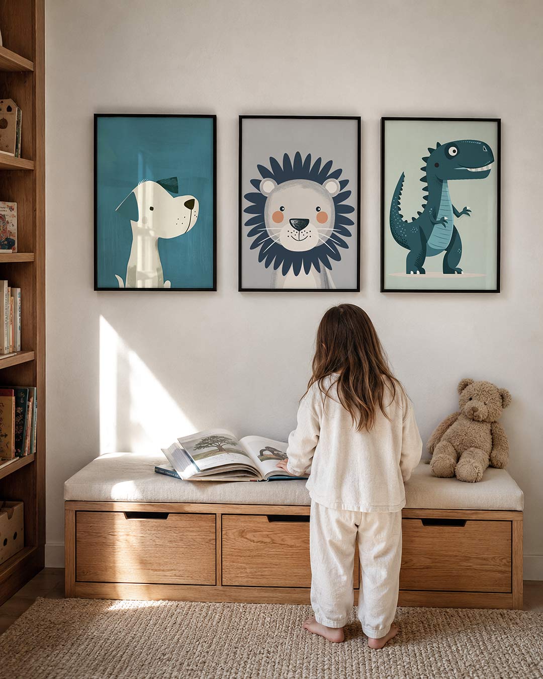 Hond in blauw posterset – derde productweergave – een speelse hond tegen een zachte blauwe achtergrond