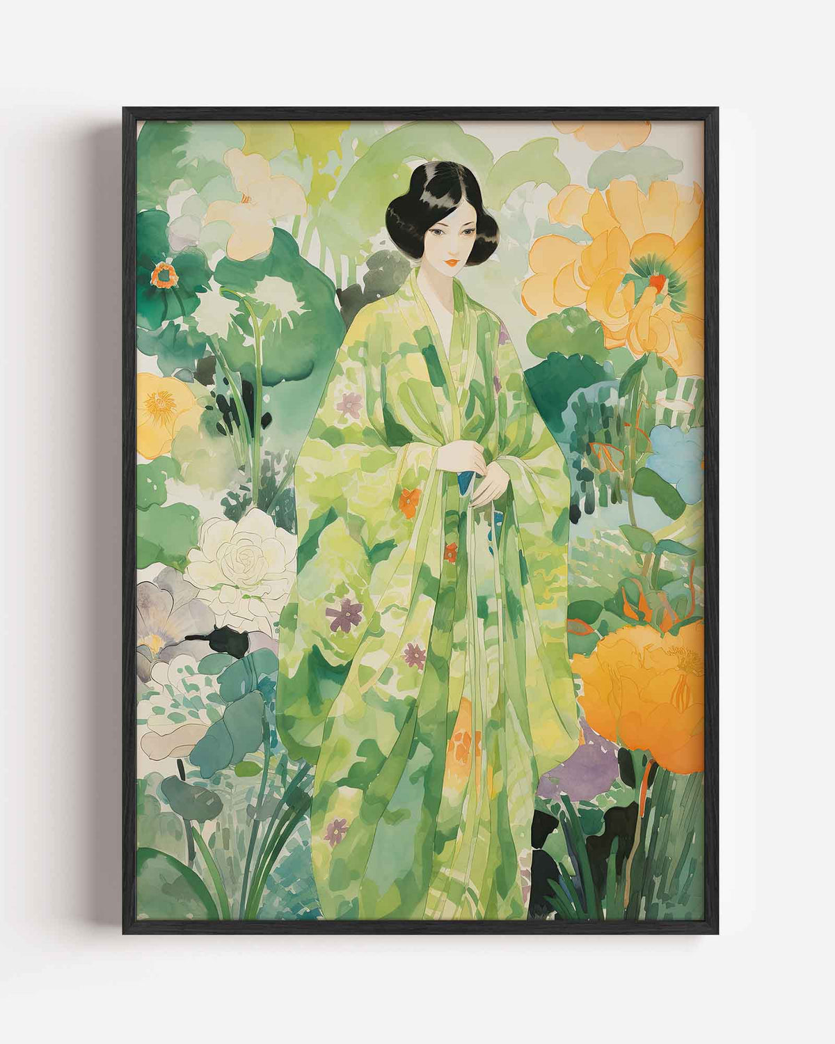Vrouw in groene kimono – Aziatische portret poster als wanddecoratie