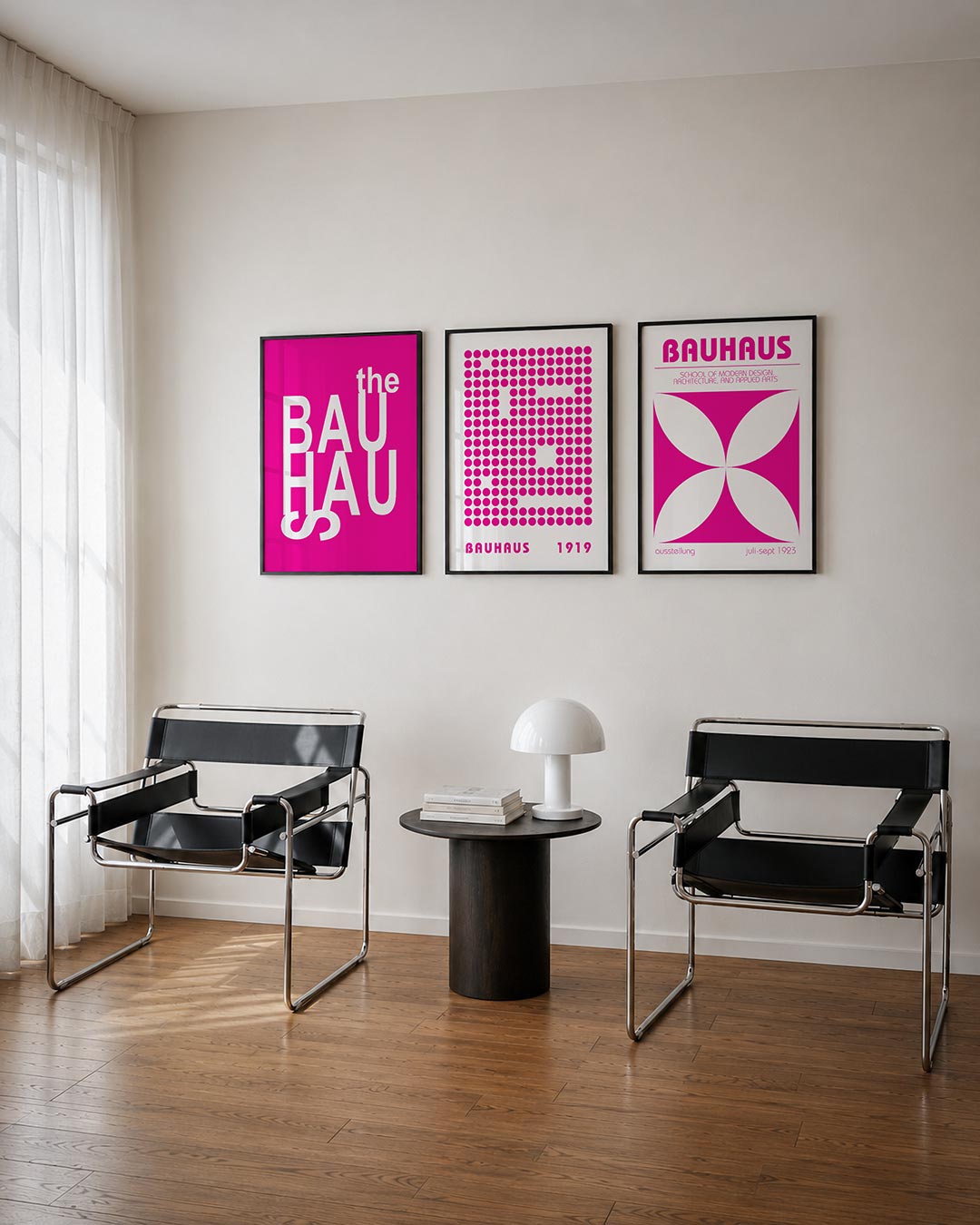 Typografisch kleurcontrast posterset – tweede productweergave – deze posterset in drie delen speelt met witte letters op een