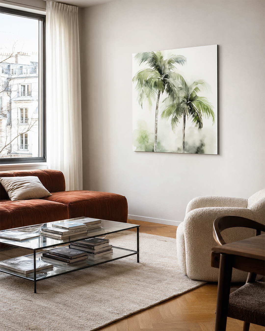 Tropische palmbomen kunstwerk – vierkante wanddecoratie – dit kunstwerk toont twee weelderige palmbomen met groene bladeren