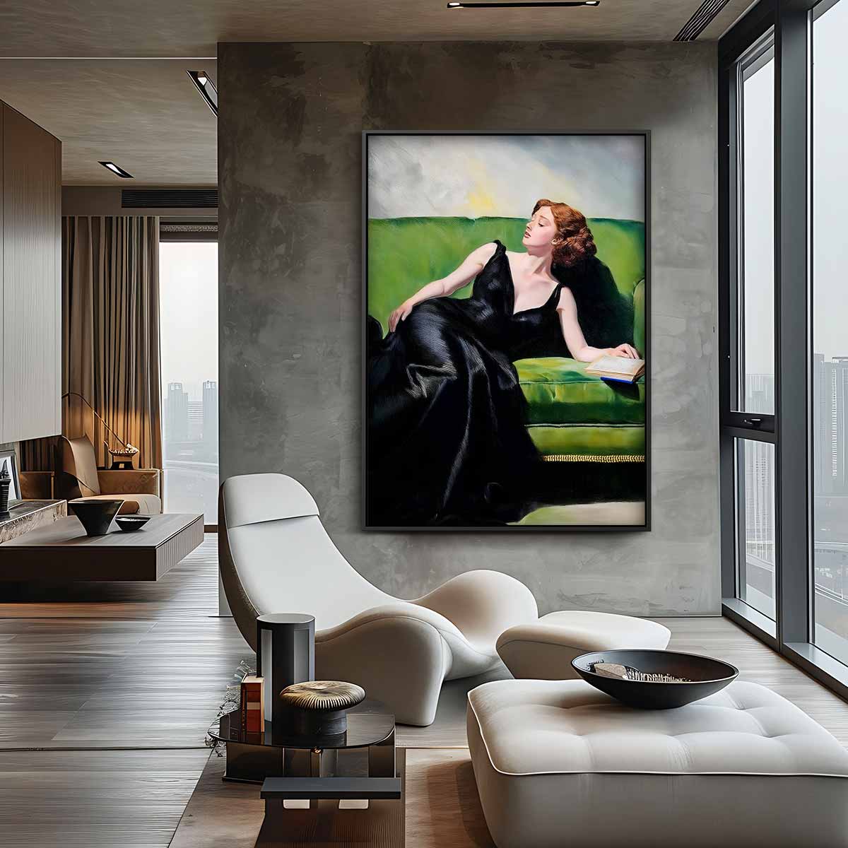 Vrouw Op Groene Bank – staand kunstwerk voor modern interieur