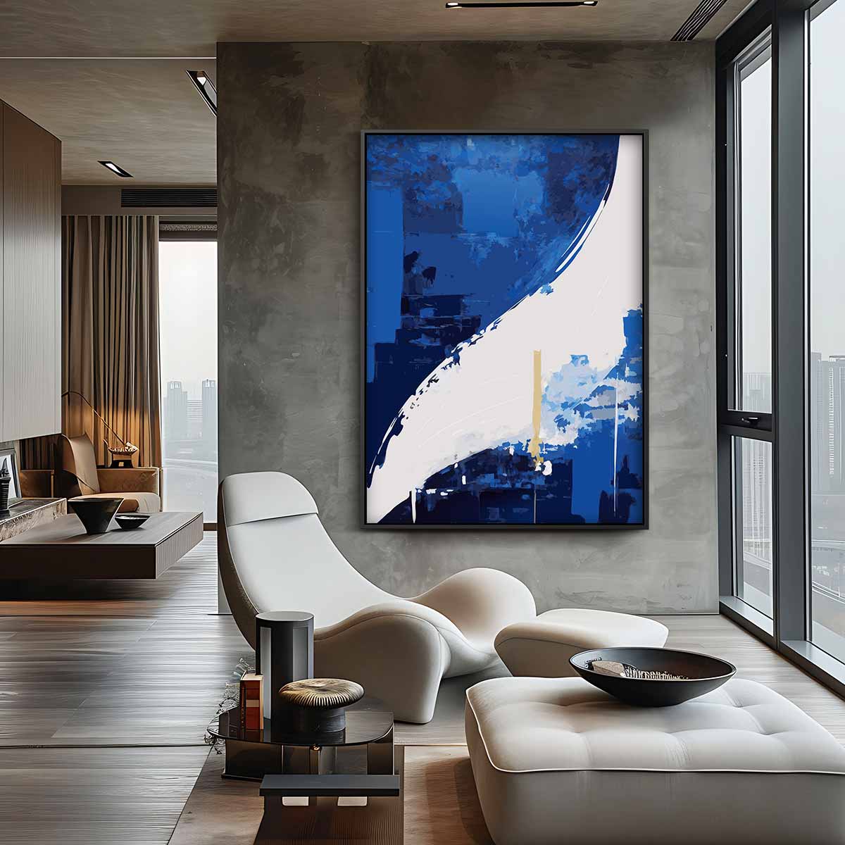 Expressieve Blauwe Abstractie – canvas wanddecoratie in portret formaat