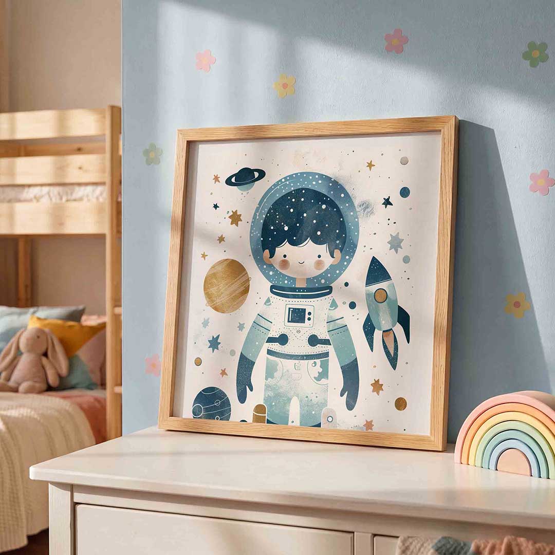 Astronaut en ruimte – speelse wandkunst als vierkante kinderposter