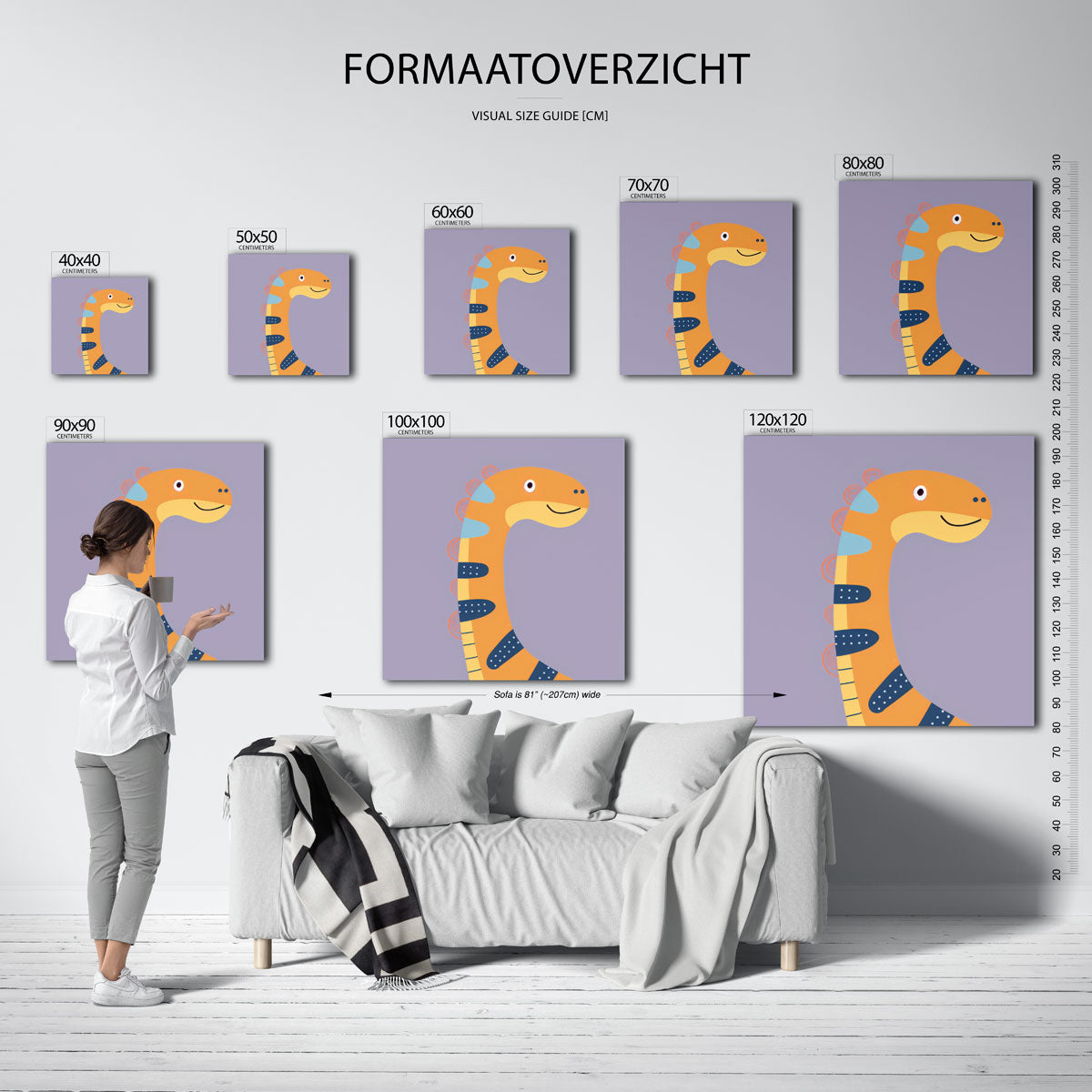 Oranje dinosaurus – vierkante muurposter voor de kinderkamer