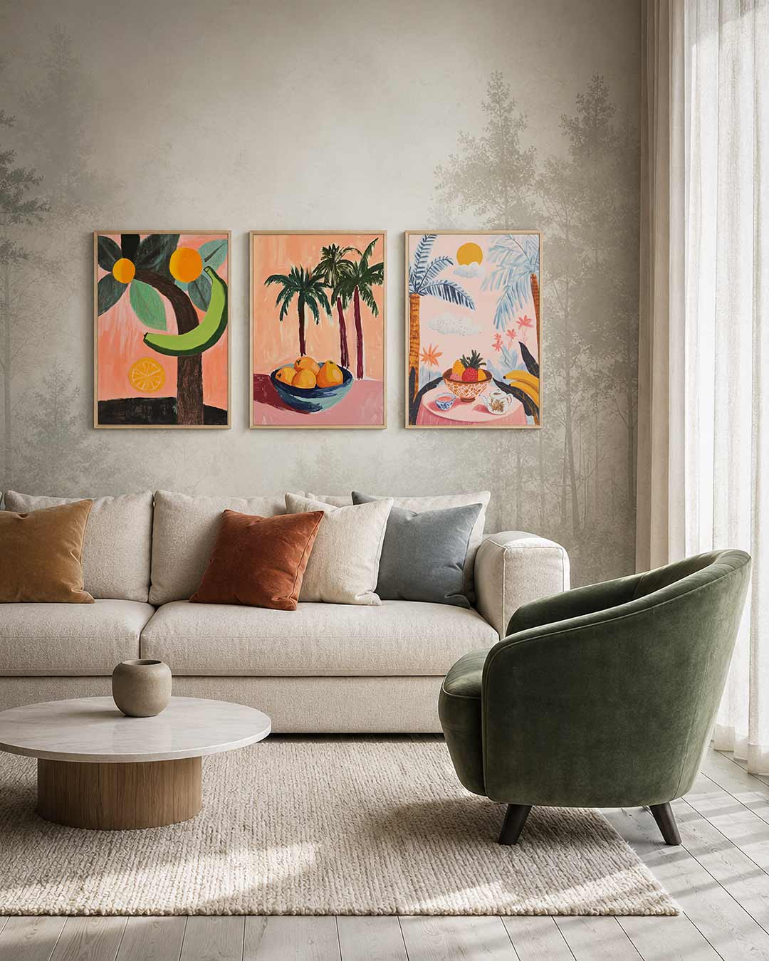 Fruitige vormen driedelige posterset – deze posterset toont een speelse mix van ronde en gebogen