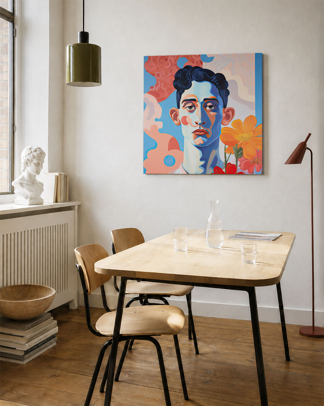 Portret kunstwerk – vierkante wanddecoratie – dit werk toont een portret met vloeiende lijnen en levendige kleuren. De