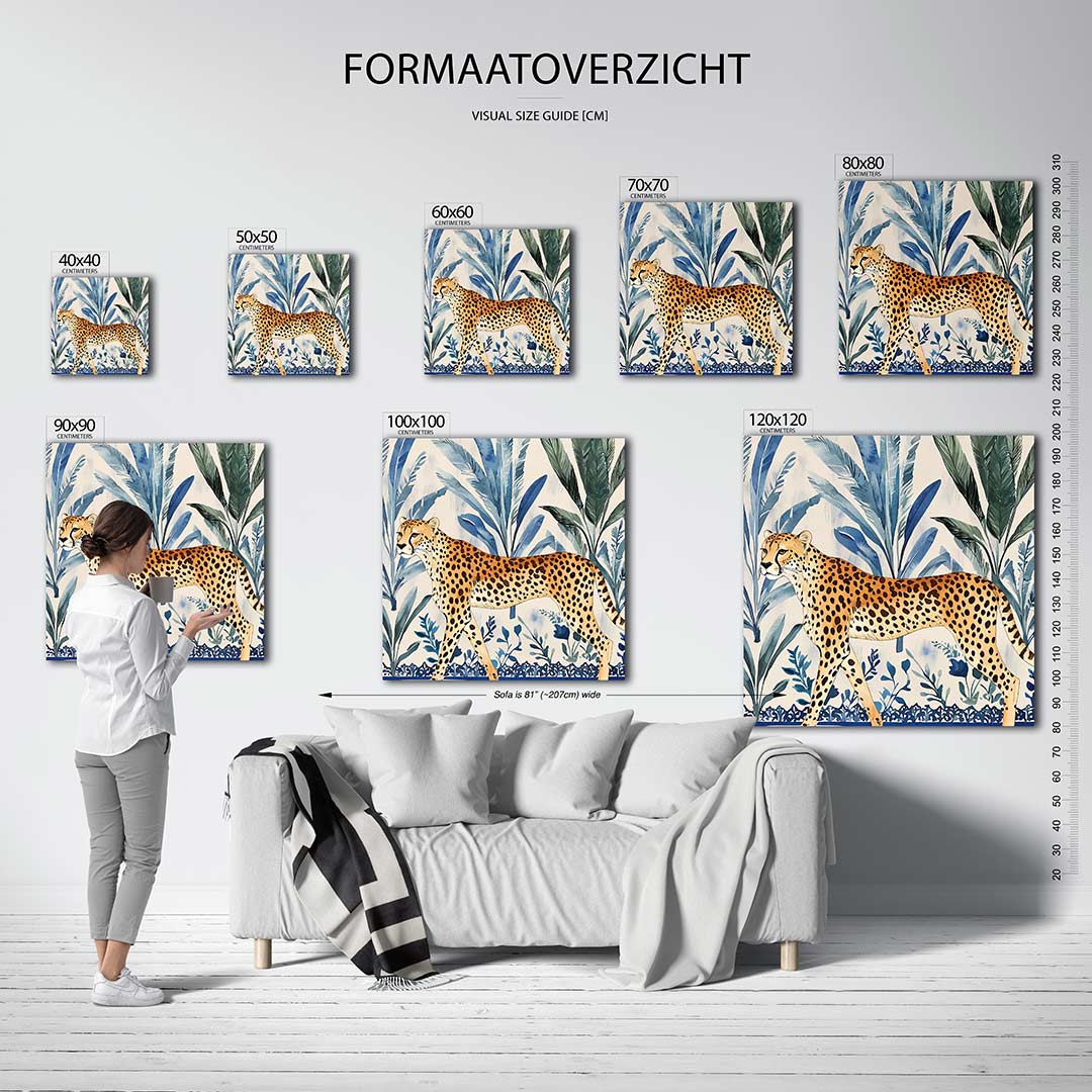 Luipaard en bladeren kunstwerk – dit werk toont een sierlijke luipaard omringd door weelderige bladeren. De kleurencombinatie