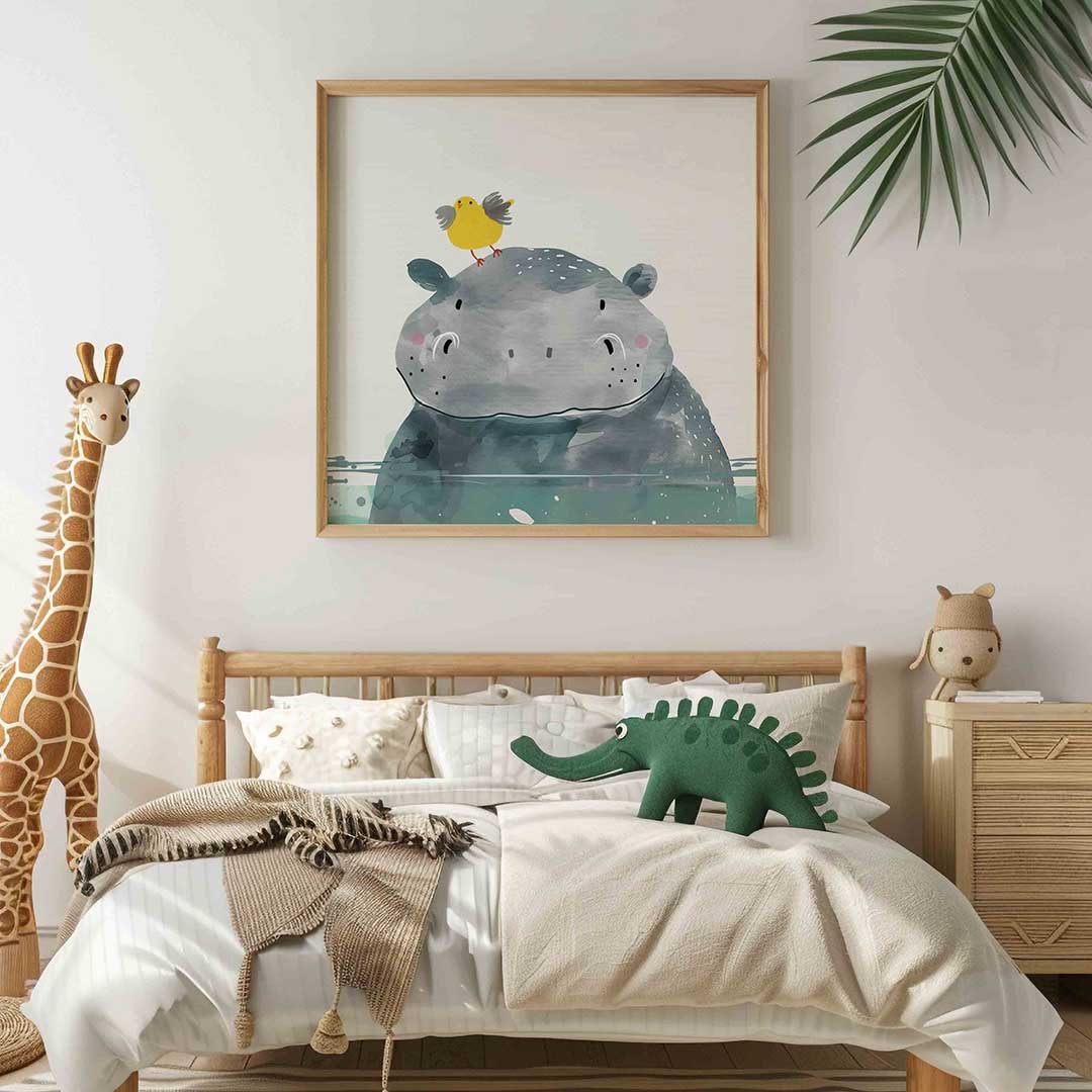 Nijlpaard met vogel – vierkante kinderkamer wanddecoratie van WallArtistic