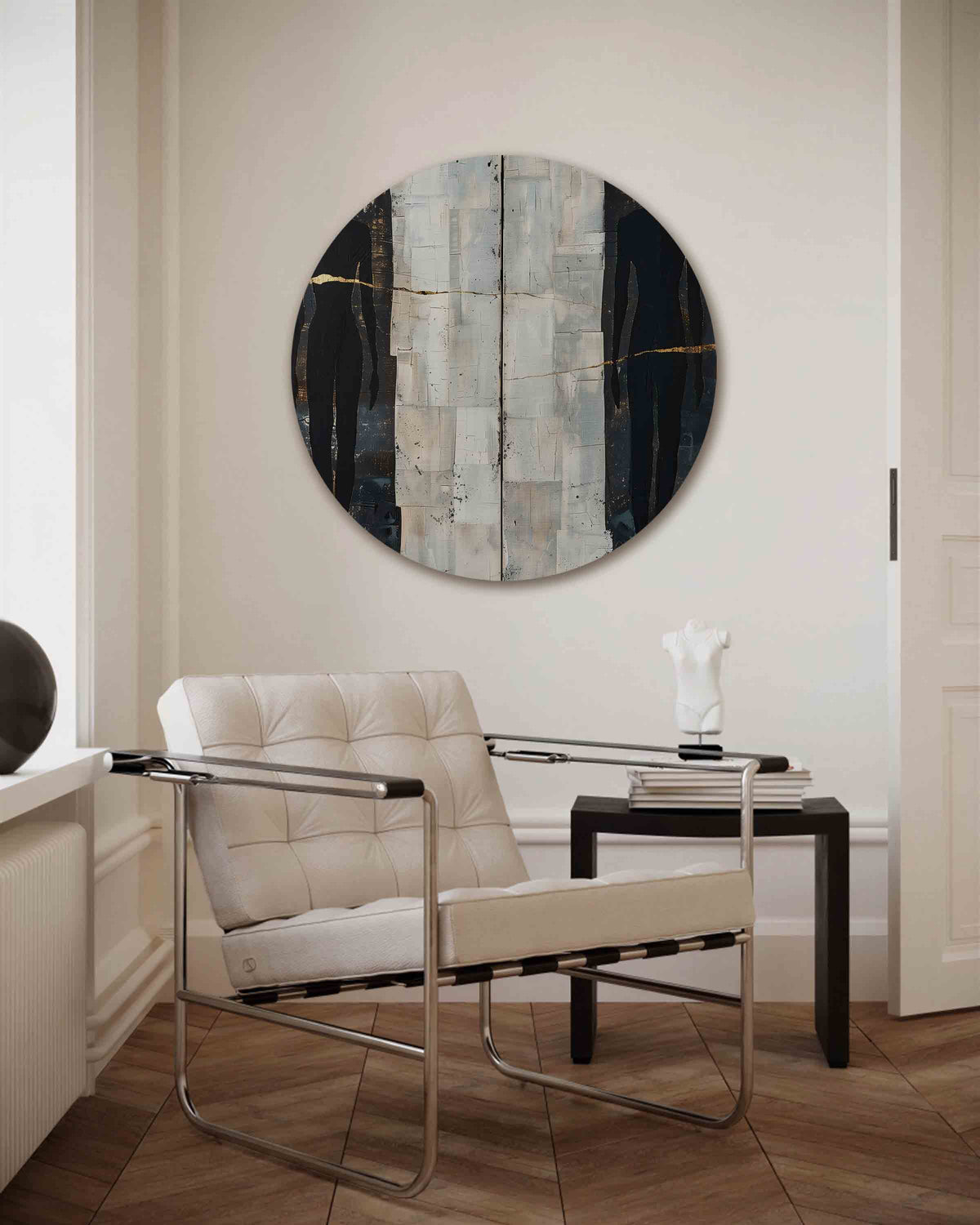 Silhouetten op tweekleurige – abstracte muurcirkel als ronde wanddecoratie