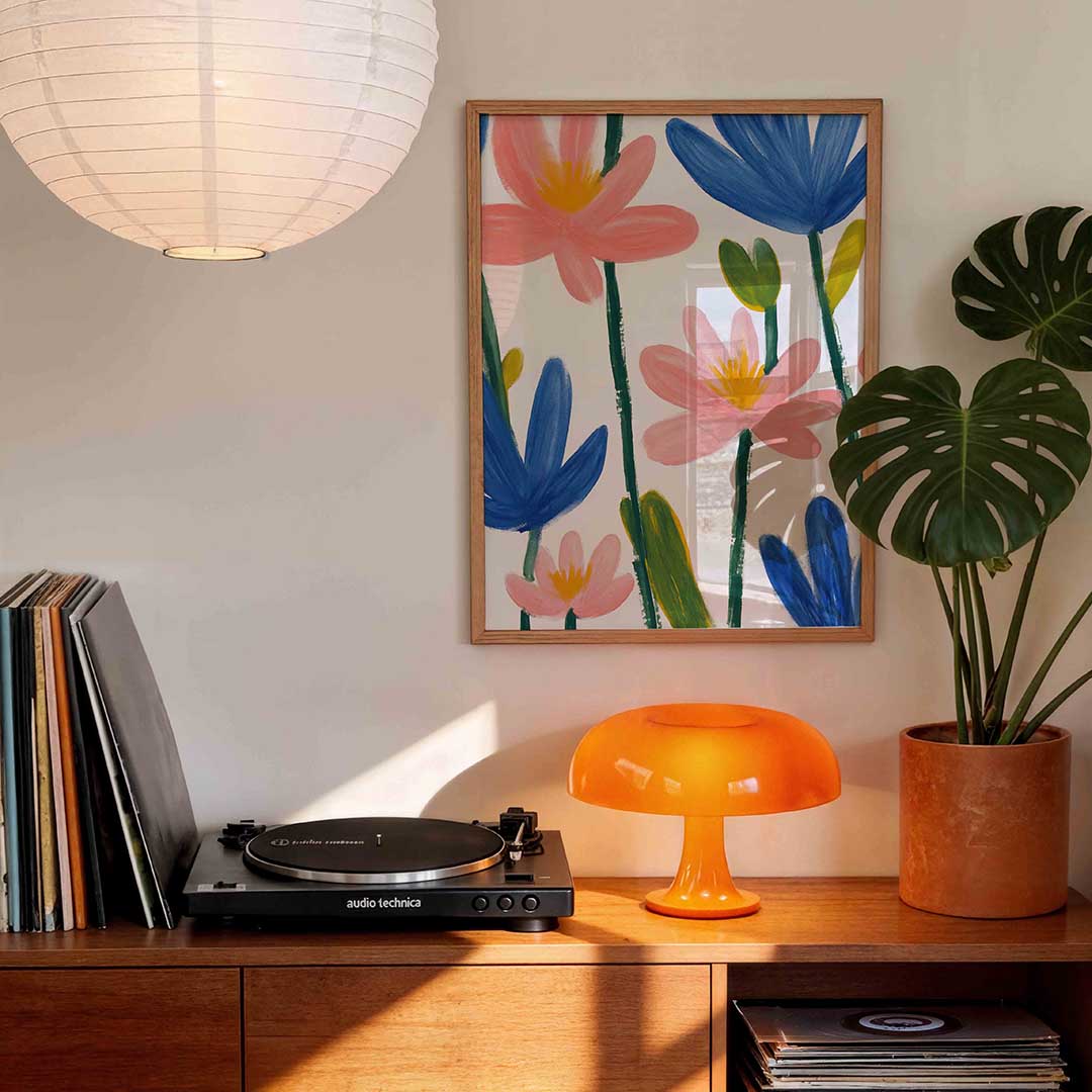Bloemen in blauw en roze – staande bloemen wanddecoratie van WallArtistic