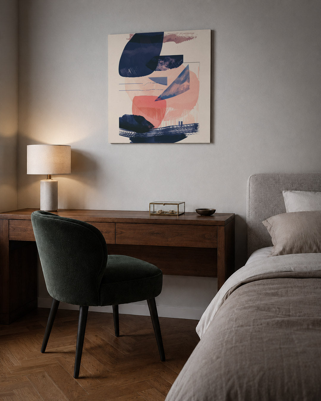 Dynamische vormen compositie kunstwerk – sfeerbeeld – dit werk toont een speelse mix van organische en geometrische vormen in