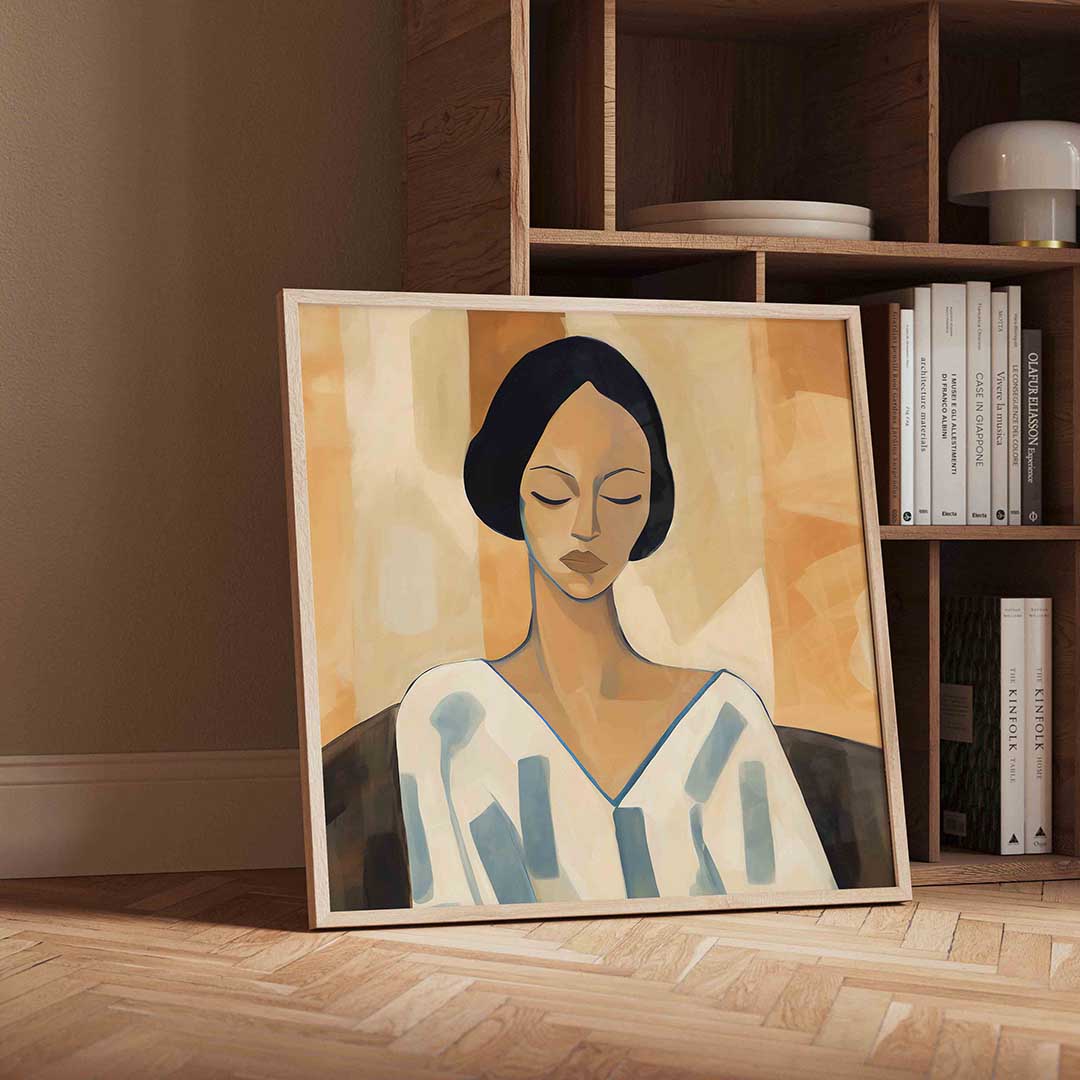 Vrouw met gesloten ogen – vierkante portret wanddecoratie van WallArtistic