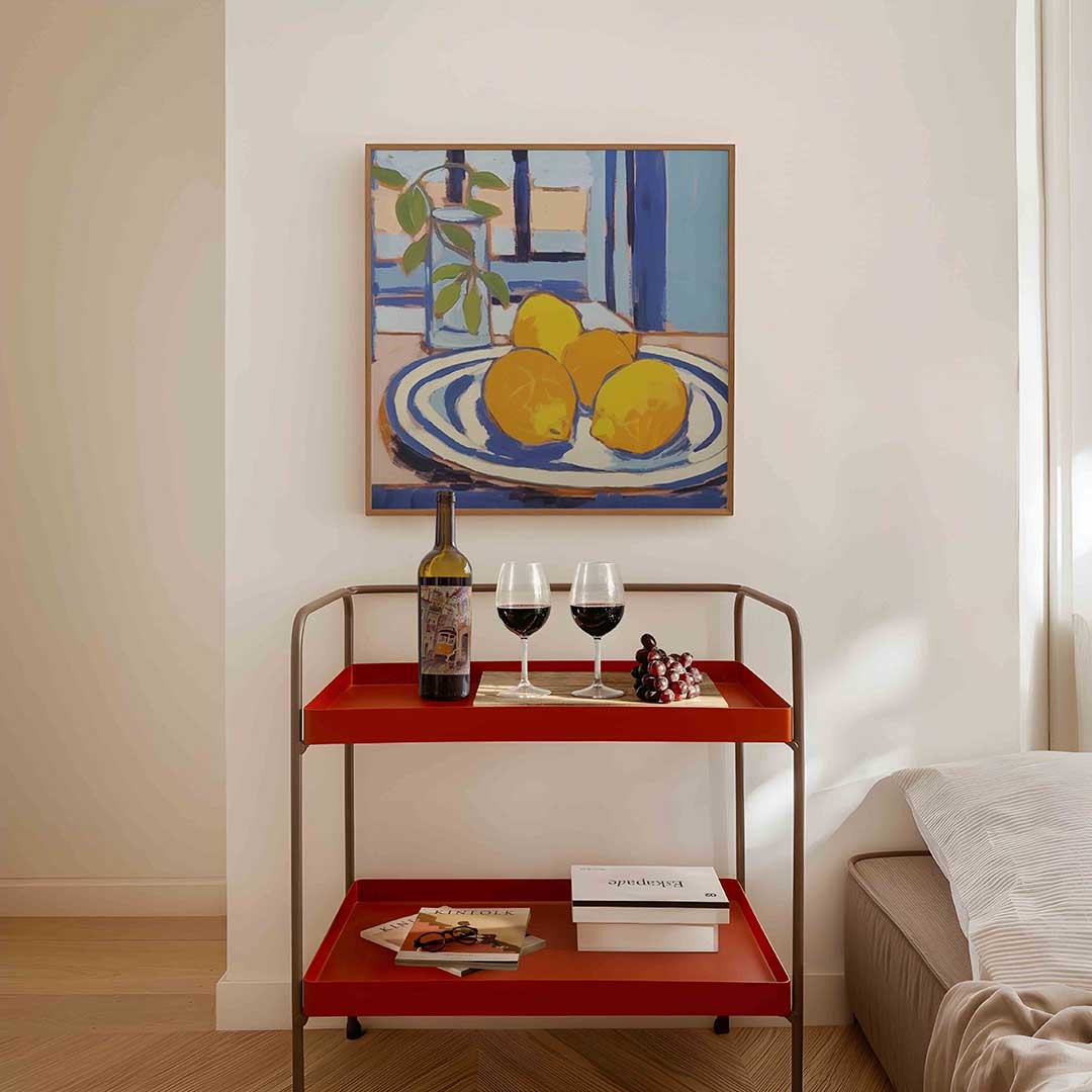 Citroenen op tafel – vierkante keuken wanddecoratie van WallArtistic