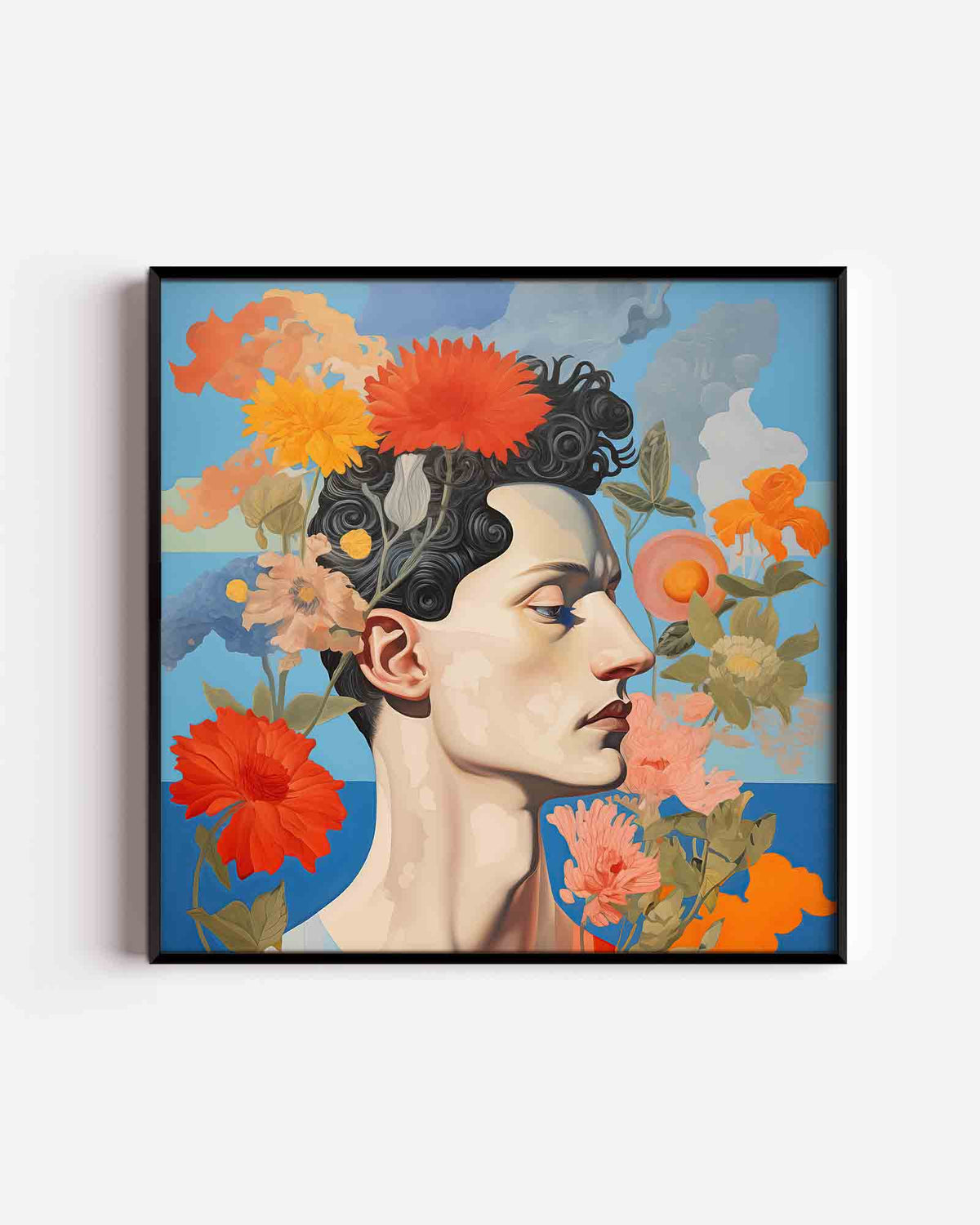 Bloemen en profiel – kleurrijke illustratie poster als wanddecoratie