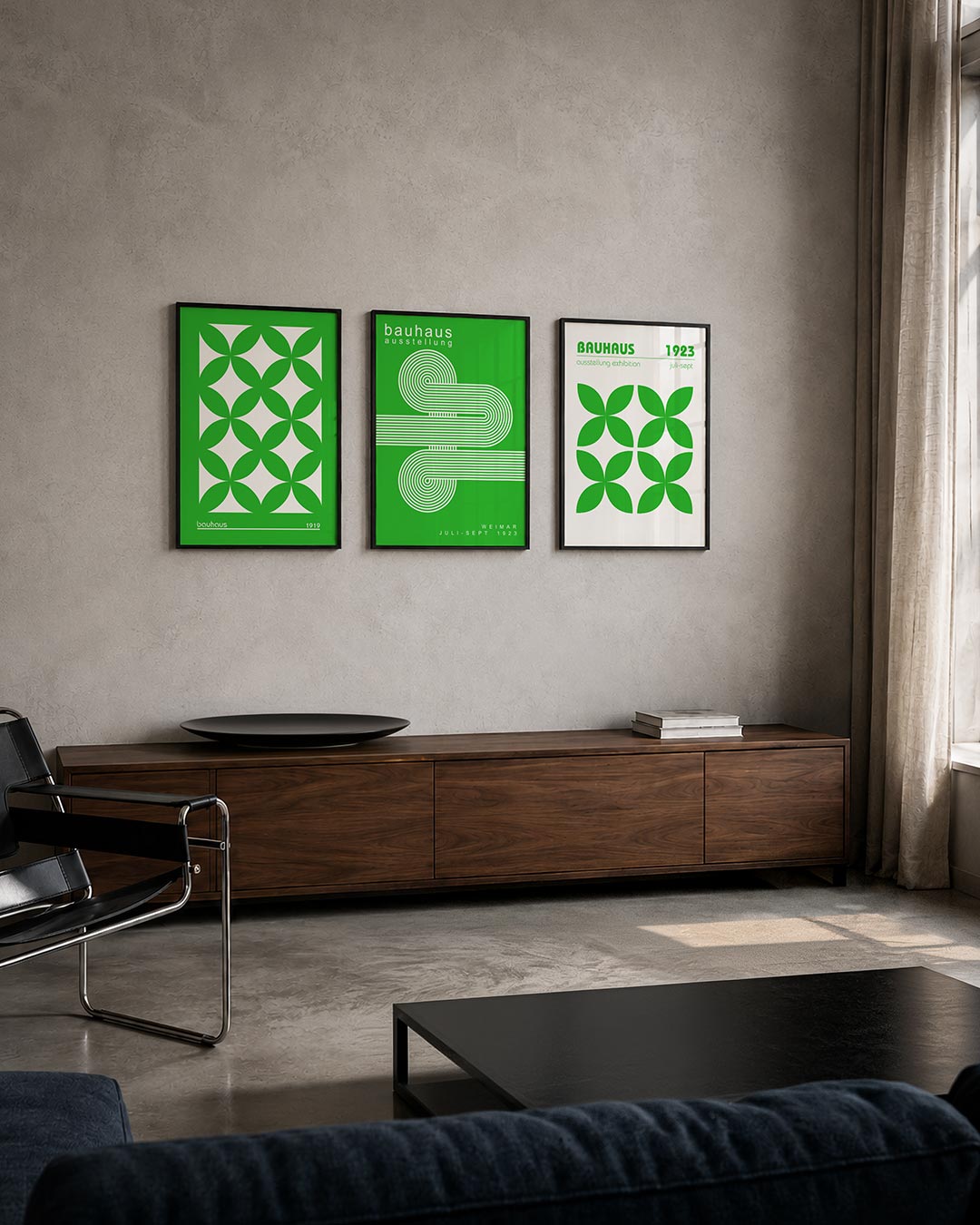 Groene cirkelpatronen driedelige posterset – deze posterset in drie delen toont een ritmisch spel van groene cirkelvormen op