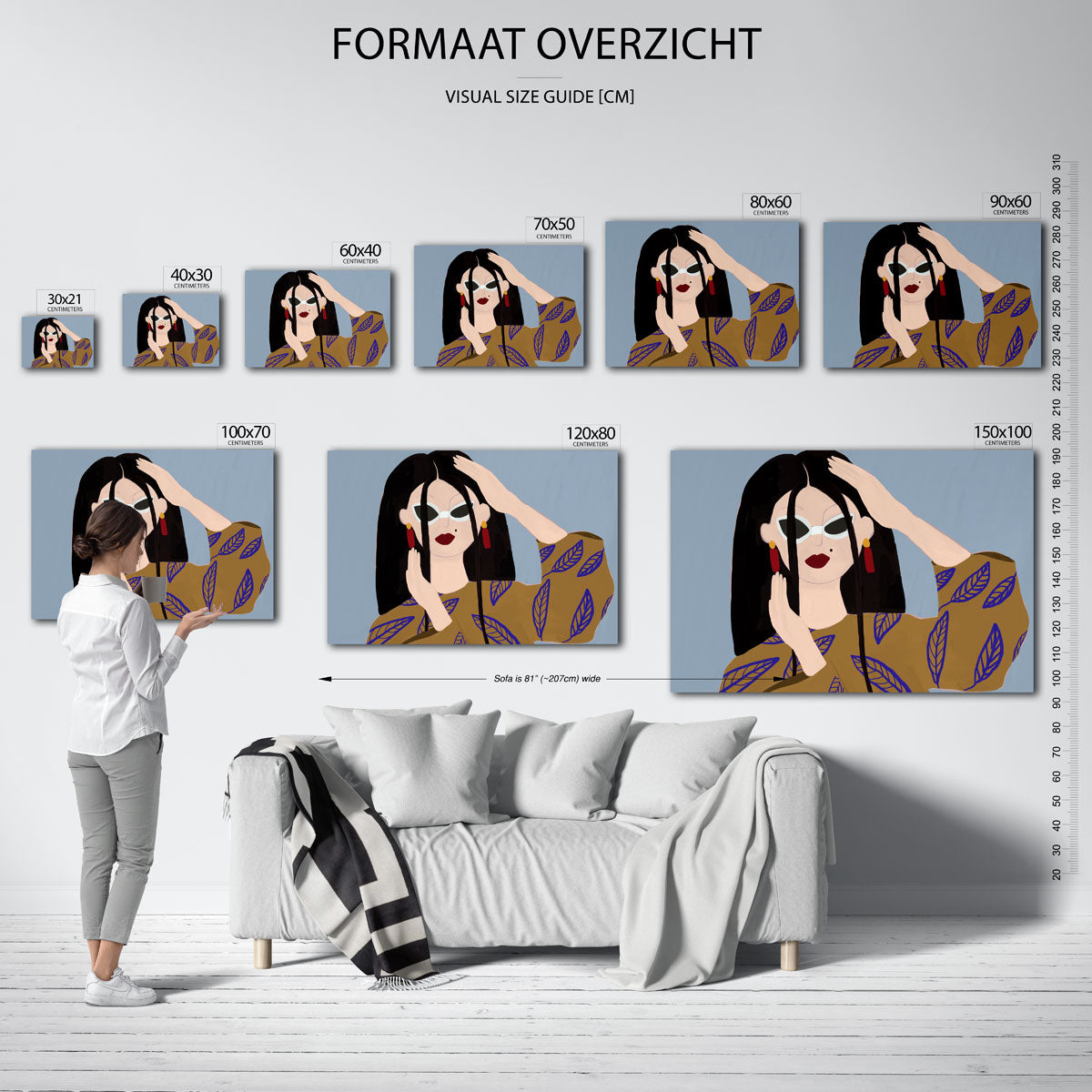 Vrouw met zonnebril – landscape muurposter met eigentijdse illustratie