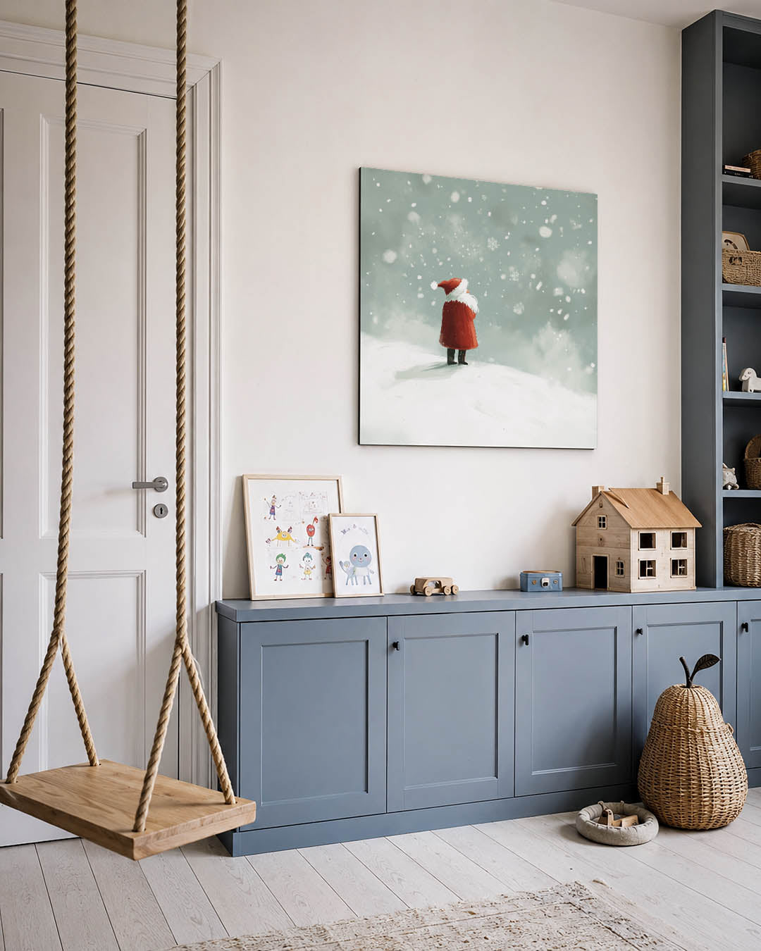 Winterlandschap met figuur kunstwerk – vierkante wanddecoratie – dit werk toont een eenzame figuur in een rood gewaad