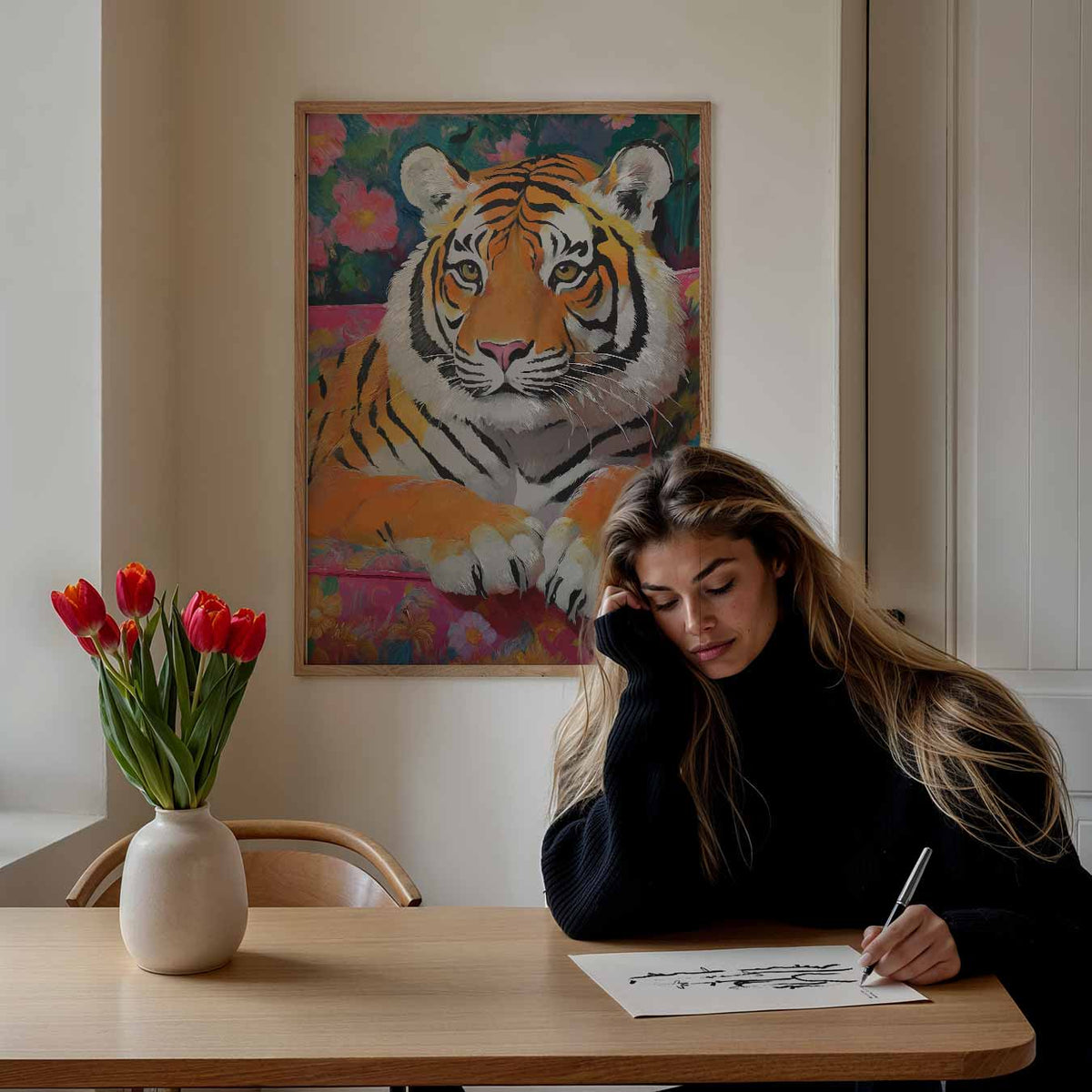 Kleurrijke Tijger op Bloemenbank – staande dieren wanddecoratie van WallArtistic
