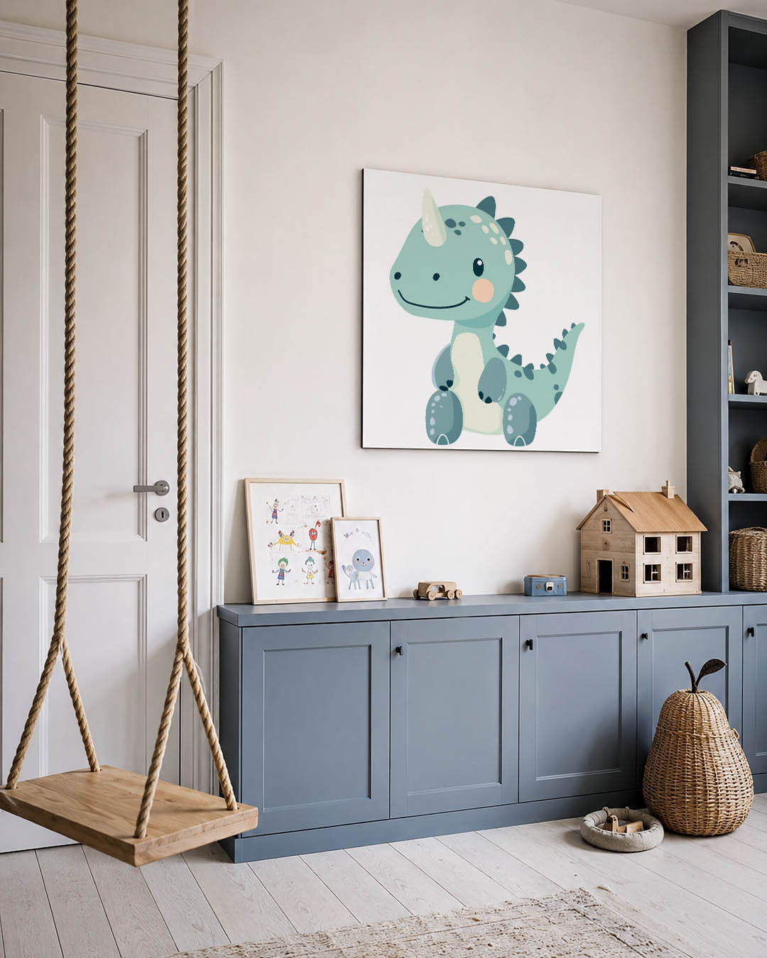 Vrolijke dino illustratie kunstwerk – vierkante wanddecoratie – dit werk toont een schattige dinosaurus met een vriendelijke