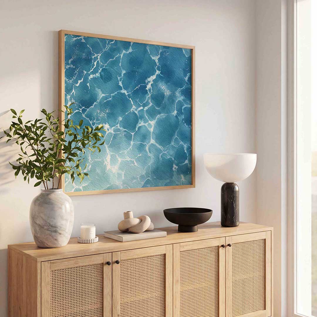 Blauwe waterstructuur – vierkante jungle wanddecoratie van WallArtistic