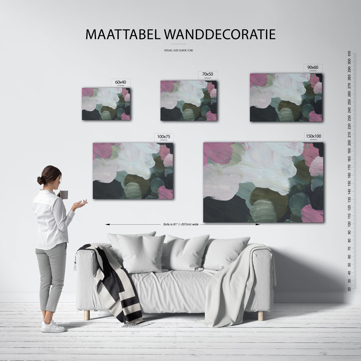 Kleurrijke borstelvegen – moderne liggende wandkunst