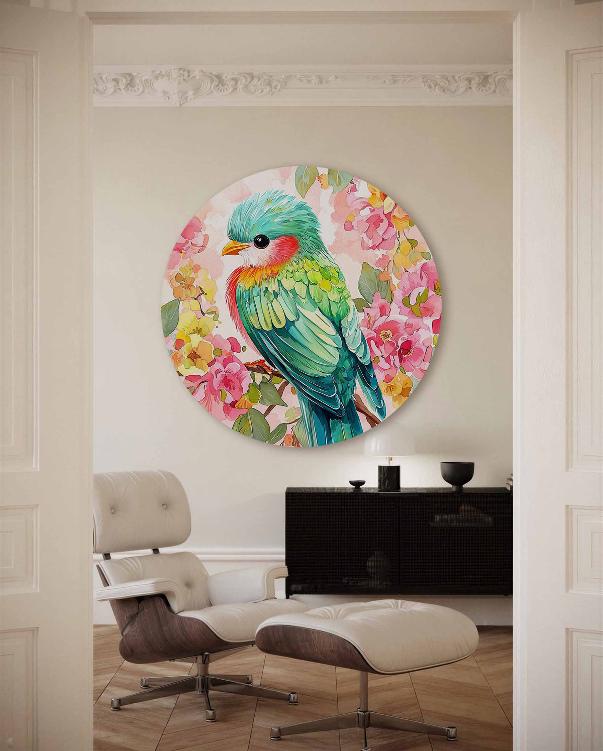 Vogel en bloemen – illustratie muurcirkel als ronde muurdecoratie