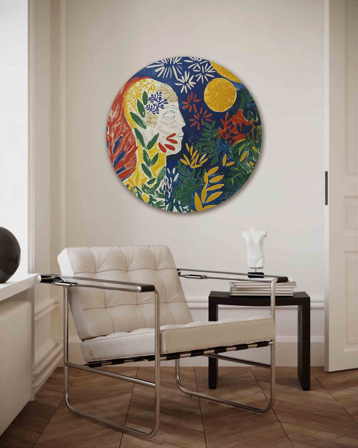 Abstracte figuur met bladeren – kleurrijke muurcirkel als ronde wanddecoratie