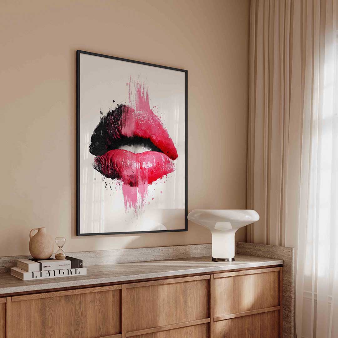 Lippen in zwart en roze – kleurrijke Pop Art poster in staand formaat
