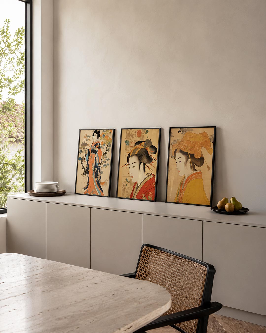 Vorm en kleurenspel posterset – detailweergave – een figuur in een kleurrijk gewaad, omringd door bloemen en
