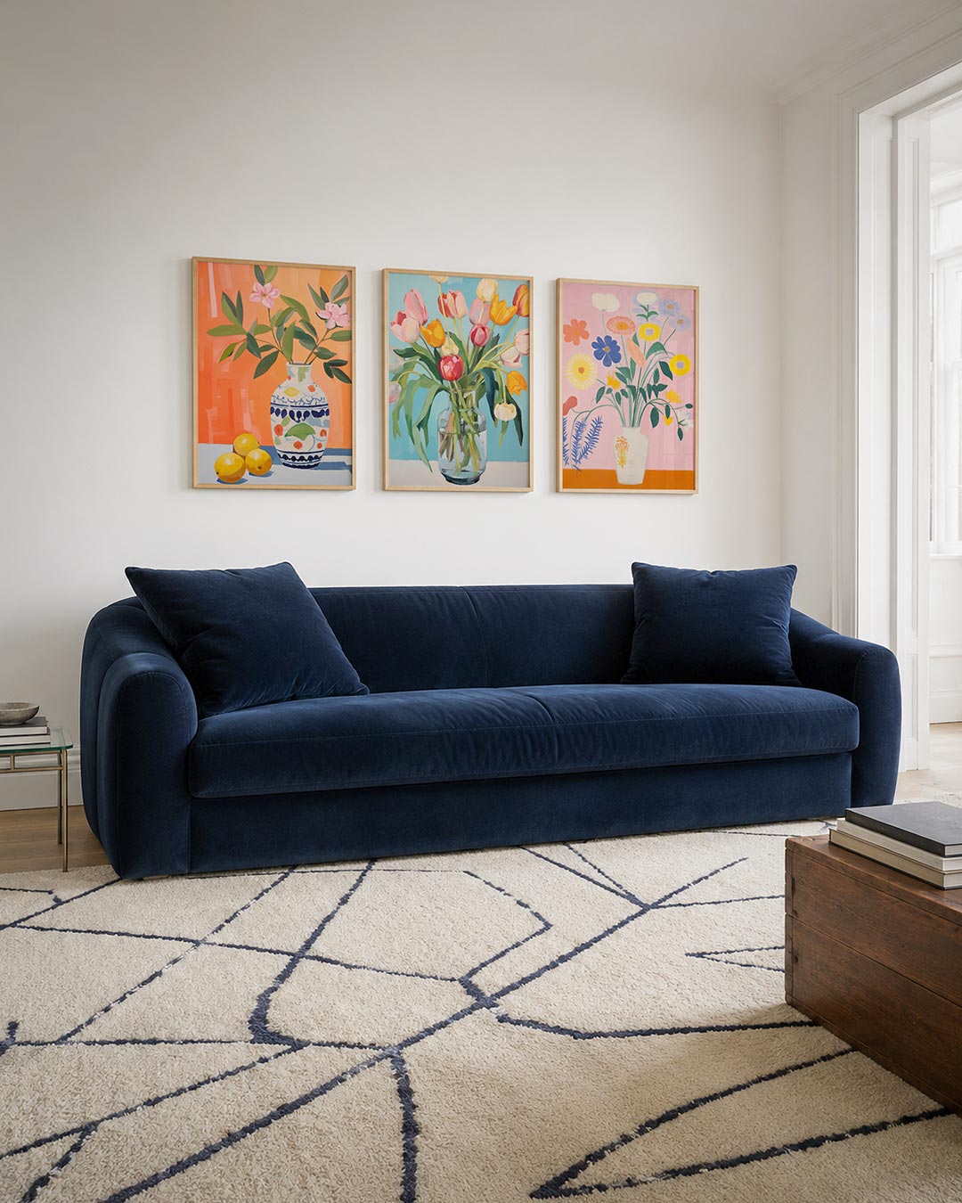 Bloemen en citroenen driedelige posterset – deze posterset in drie delen toont een vaas met bloemen