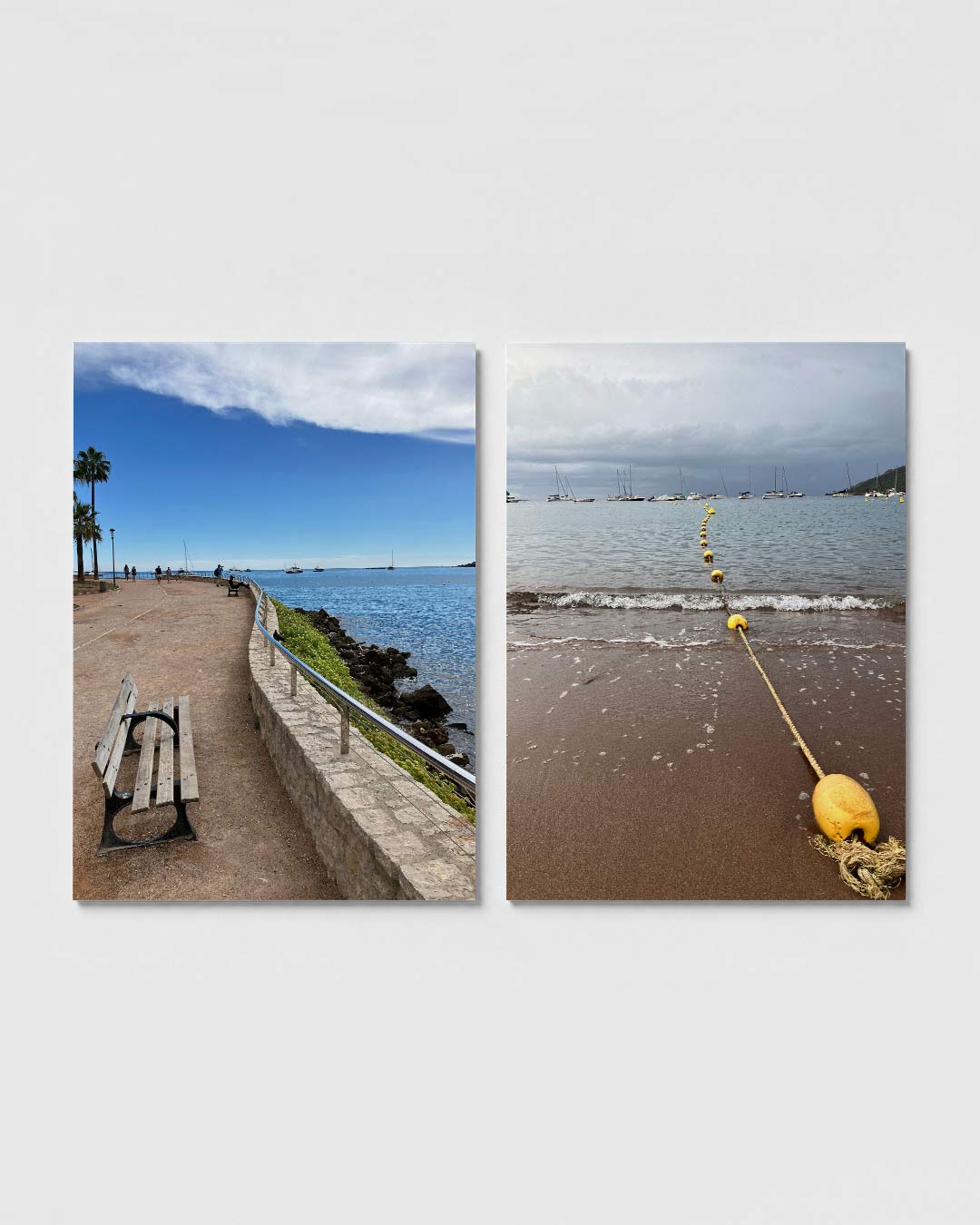 Kustlijn en horizon posterset – sfeerbeeld – een kronkelend pad langs de kust met een helderblauwe lucht en zee. Palmbomen en