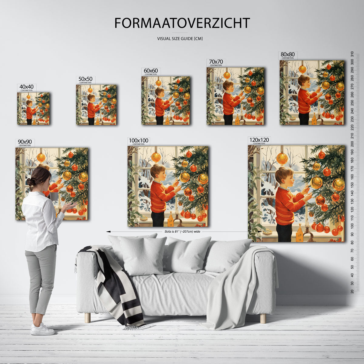 Jongen bij kerstboom – vierkante muurposter voor kerst