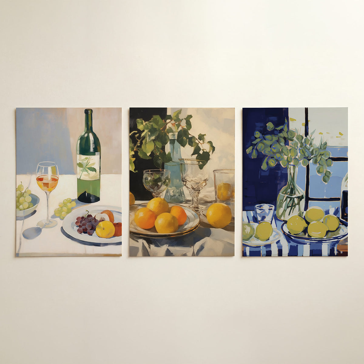 Fruit en wijn driedelige posterset in interieur