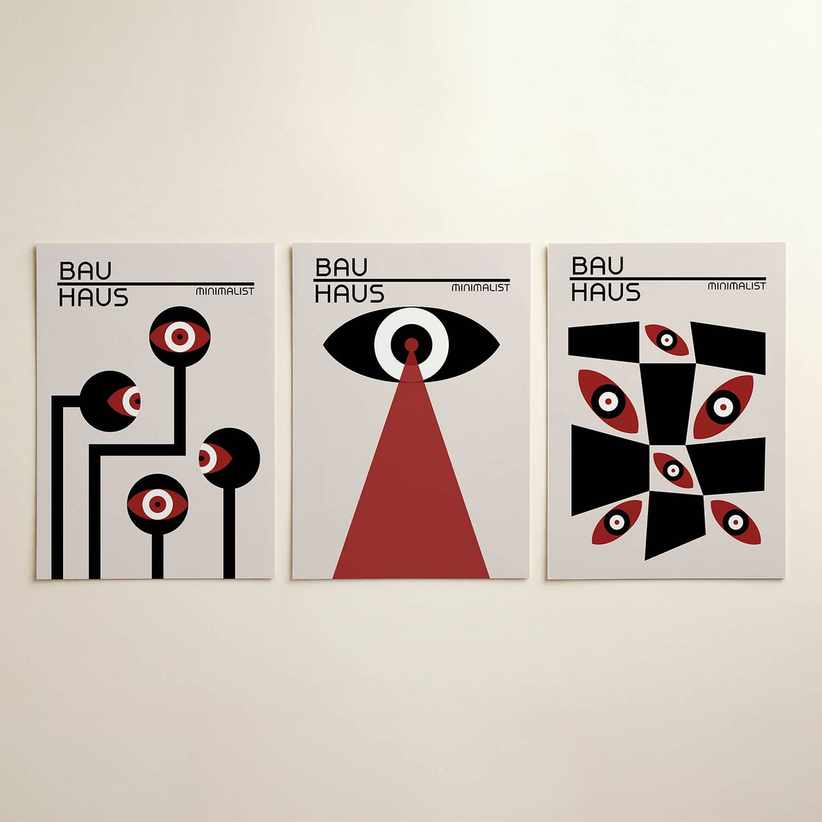 Oogvormen en lijnen posterset – detailweergave – deze posterset in drie delen toont een spel van zwarte lijnen en cirkels met
