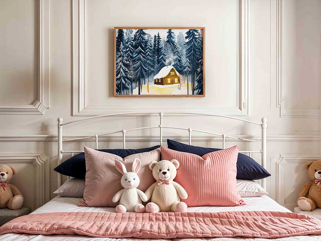 Winterlandschap met houten huis – kids poster in liggend formaat