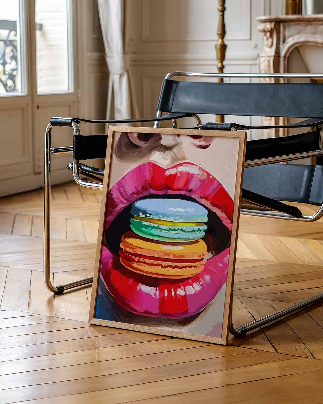 Kleurrijke Macaron Kus – zomerse wandkunst als portret poster