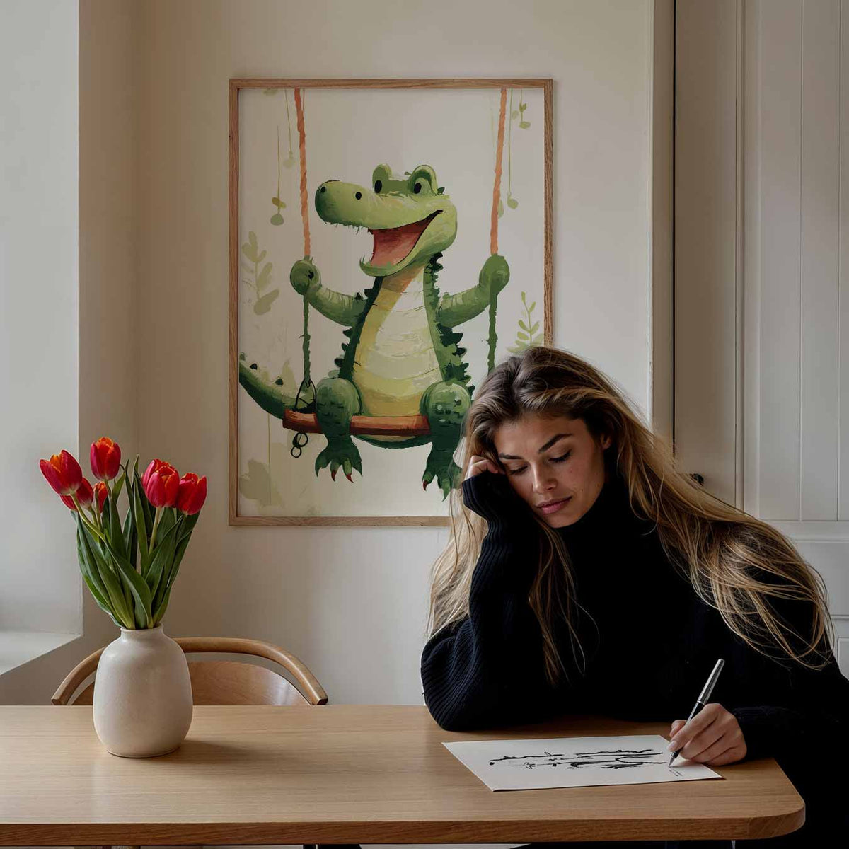 Vrolijke Krokodil op Schommel – staande muurposter voor de kinderkamer