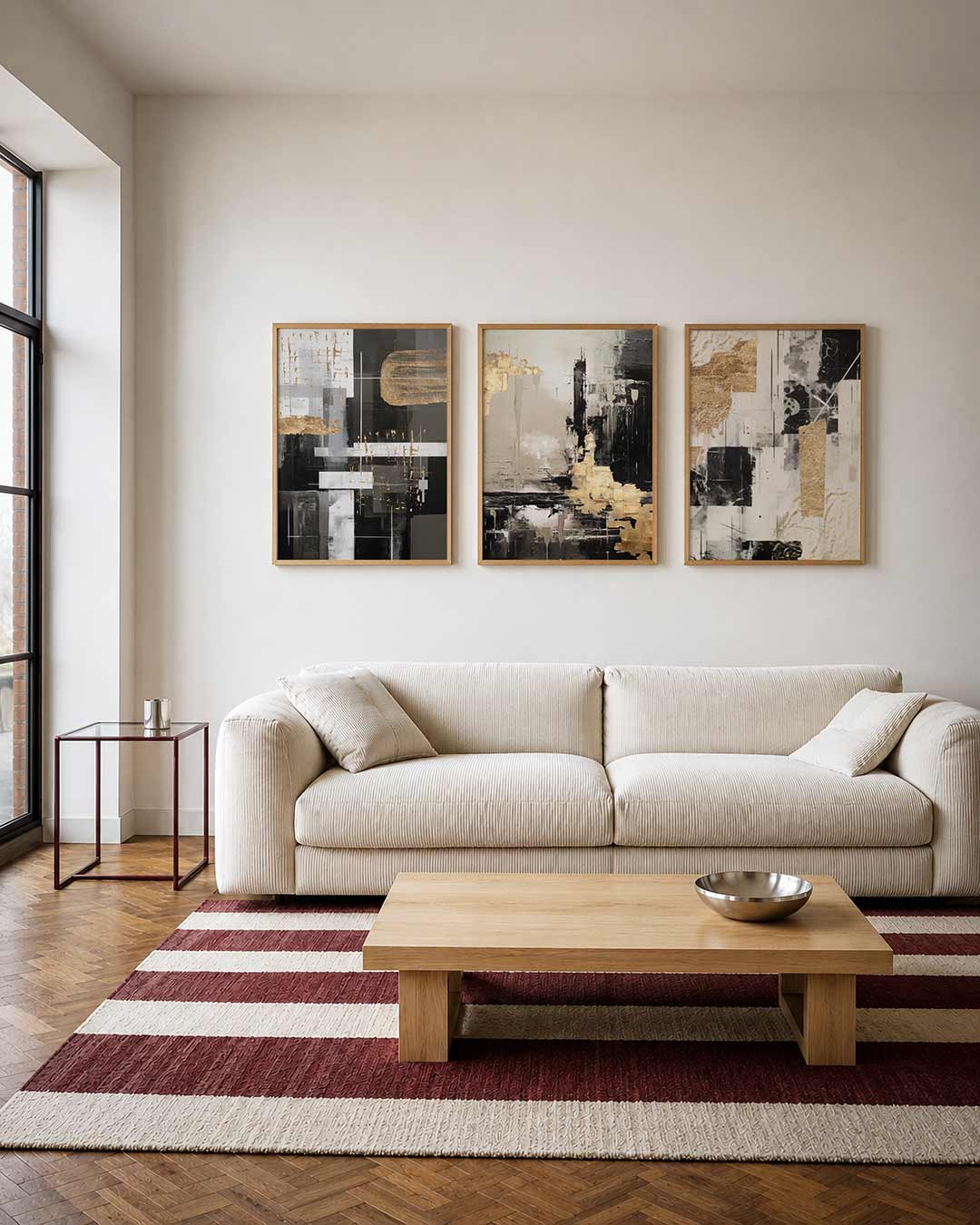 Gouden lijnenspel driedelige posterset – deze posterset in drie delen toont een dynamisch lijnenspel