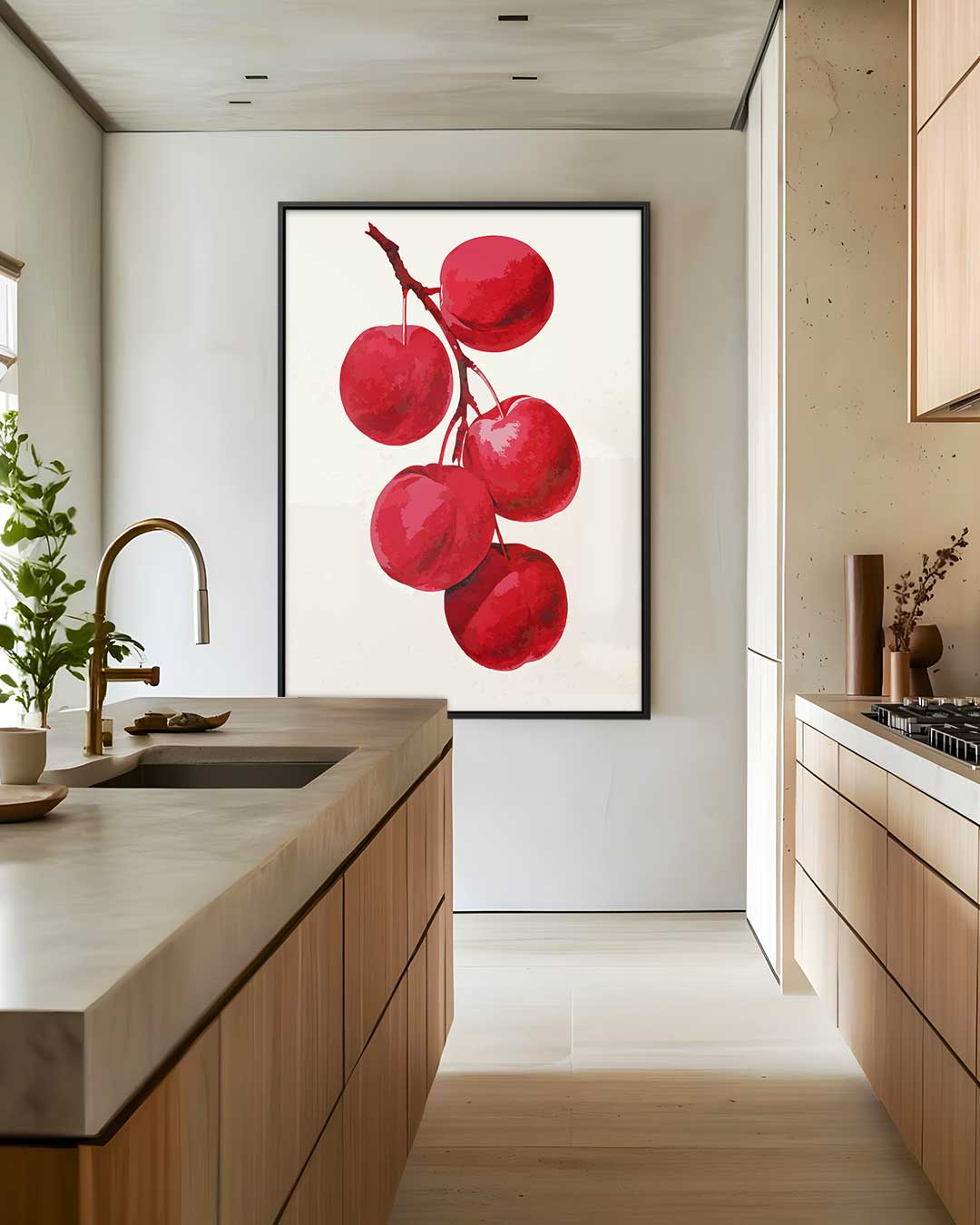 Rode Pruimen aan Tak – staand kunstwerk voor modern interieur